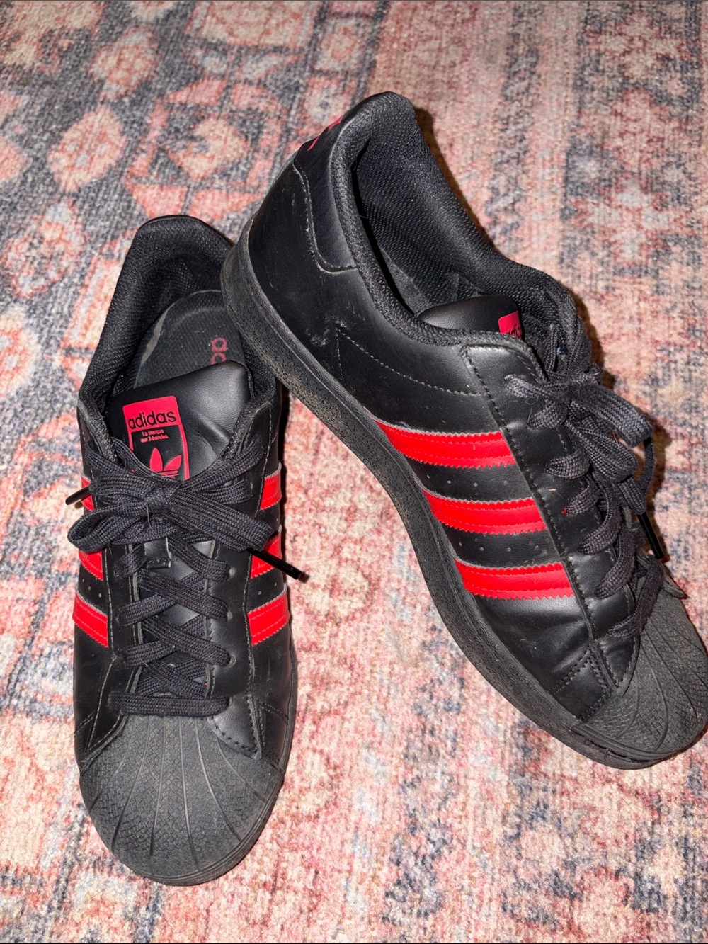 adidas Men's Superstar Sneakers - Black with Red Stripes men’s 9.5